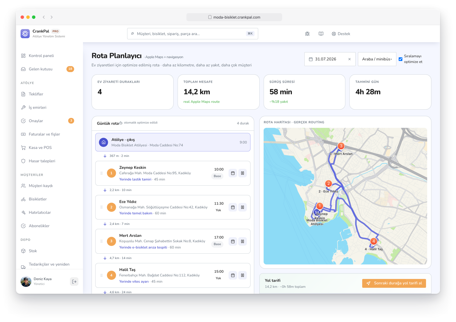Route Planner di CrankPal: percorso a domicilio ottimizzato su mappa con tappe ordinate, distanza totale, tempo di guida e durata stimata della giornata.