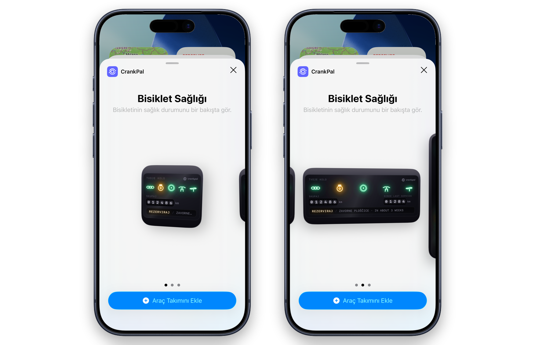 Müşterinin dilinde, CrankPal widget'ının iki boyutuyla yer aldığı iOS widget galerisi: parça lambaları, kilometre sayacı ve kontrol randevusu alma daveti