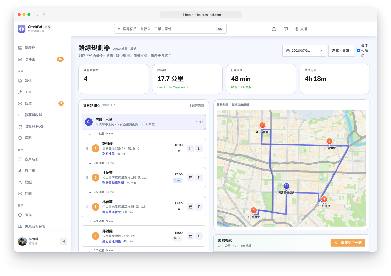 Route Planner di CrankPal: percorso a domicilio ottimizzato su mappa con tappe ordinate, distanza totale, tempo di guida e durata stimata della giornata.